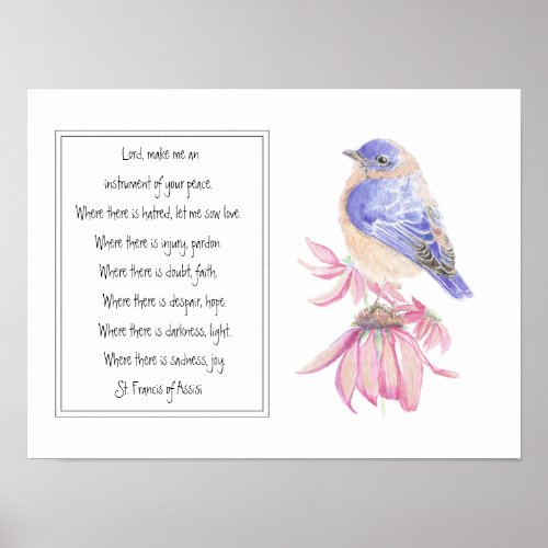 St Francis of Assisi Prayer with Bluebird Flower Poster