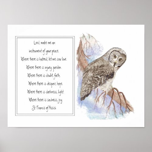 St Francis of Assisi Prayer with Owl Bird Poster