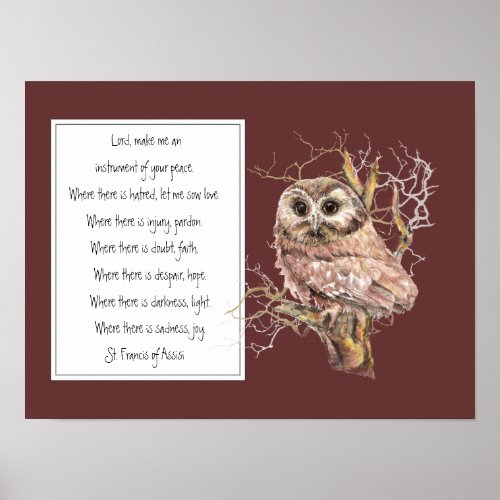 St Francis of Assisi Prayer with Wise Owl Bird Poster