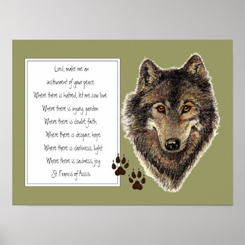St Francis of Assisi Prayer with Wolf   Tracks Poster