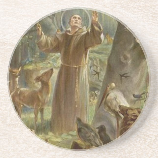 St. Francis of Assisi Surrounded by Animals Sandstone Coaster (Front)