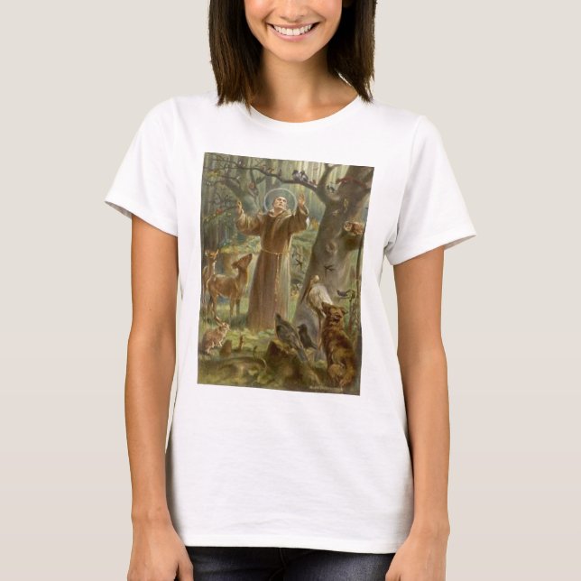 St. Francis of Assisi Surrounded by Animals T-Shirt (Front)