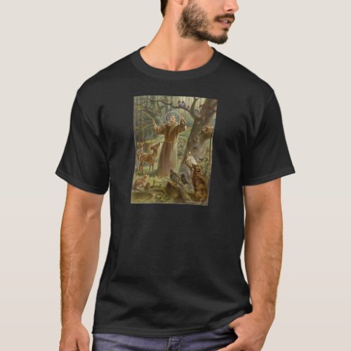 St Francis of Assisi Surrounded by Animals T_Shirt