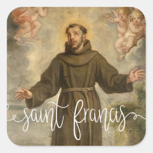 St Francis of Assisi White Script Overlay Square Sticker