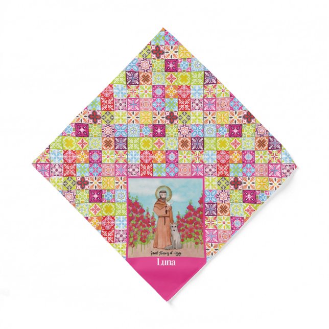 St. Francis Personalized Dog Name Pink Bandana (Front)