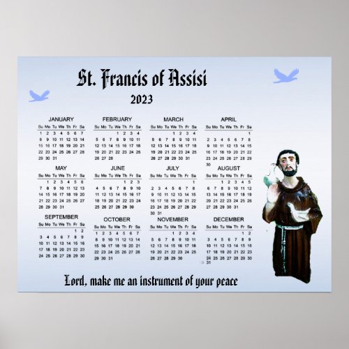 St Francis Prayer 2023 Catholic Calendar Poster