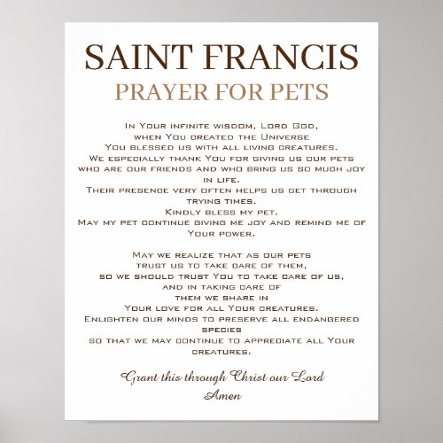 St Francis Prayer for Pets Poster