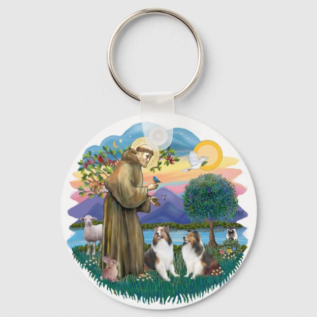 St Francis (W) - 2 Shelties (D&L) Keychain (Front)
