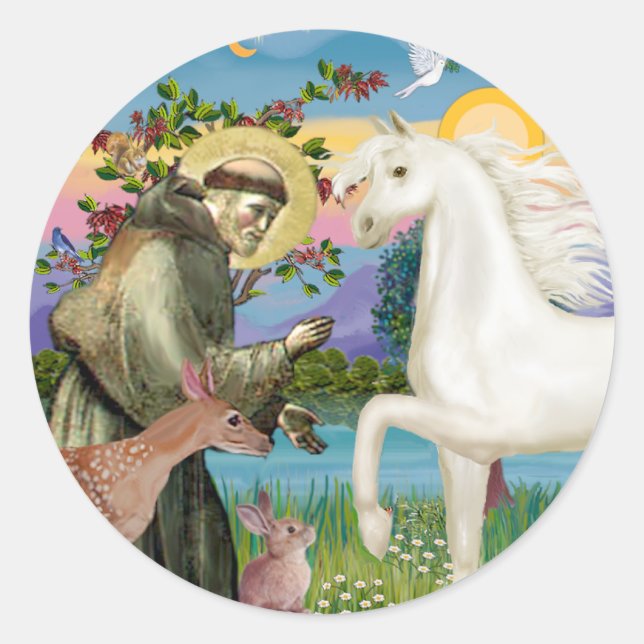 St Francis - White Arabian Horse Classic Round Sticker (Front)