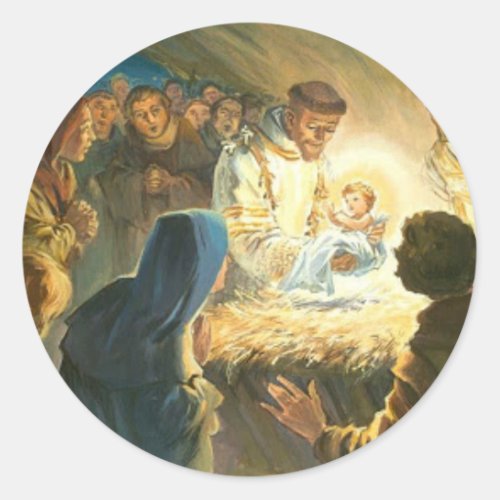 St Francis with Baby Jesus Christmas Gift Nativity Classic Round Sticker