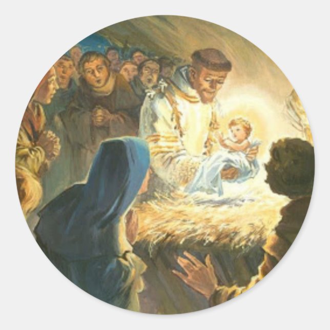 St Francis with Baby Jesus Christmas Gift Nativity Classic Round Sticker (Front)