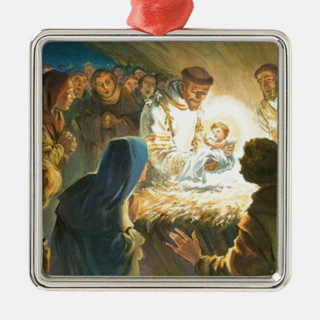 St Francis with Baby Jesus Christmas Gift Nativity Metal Ornament (Front)
