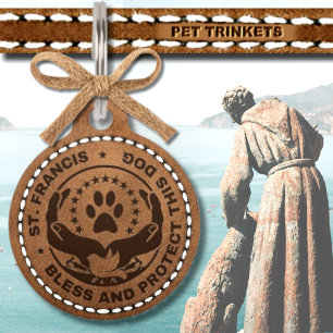 ST. Francise Bless Protect This Dog Brown Leather Pet ID Tag