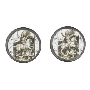 ST. GEORGE AND DRAGON , Black White Gunmetal Finish Cufflinks