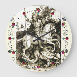 ST. GEORGE AND DRAGON , Black White Large Clock
