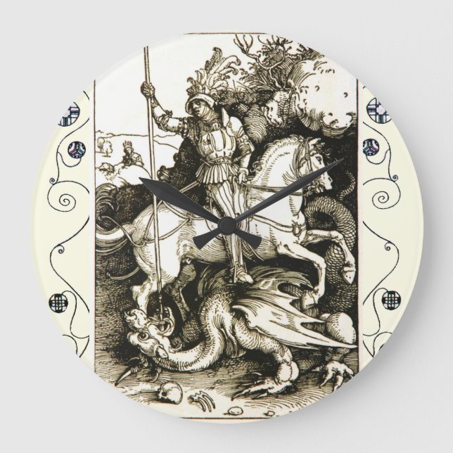 ST. GEORGE AND DRAGON , Black White Large Clock (Front)