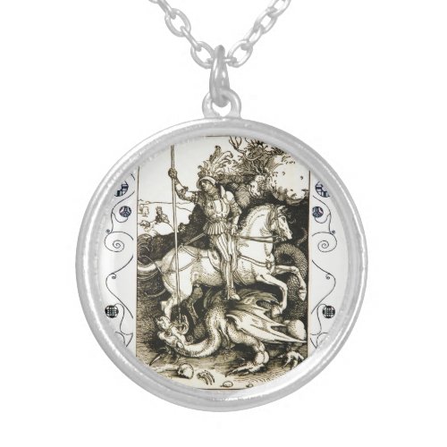 ST GEORGE AND DRAGON  Black White Silver Plated Necklace