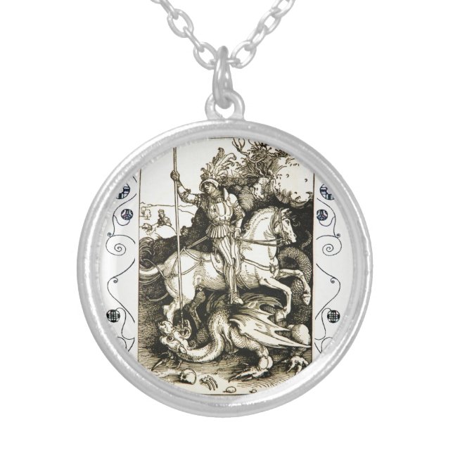 ST. GEORGE AND DRAGON , Black White Silver Plated Necklace (Front)
