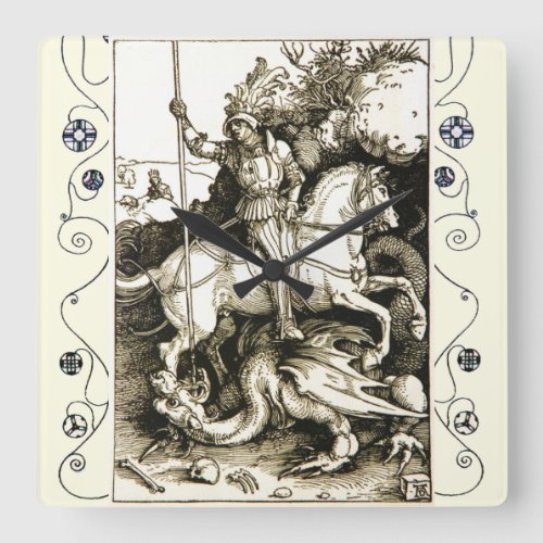 ST GEORGE AND DRAGON  Black White Square Wall Clock