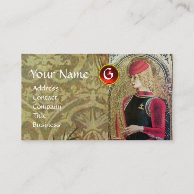 ST.GEORGE AND DRAGON Red Ruby Monogram,Gold Damask Business Card (Front)