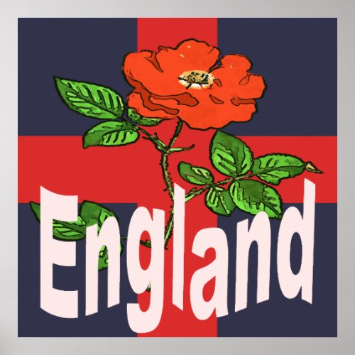St George Cross With Tudor Rose and England Text Poster