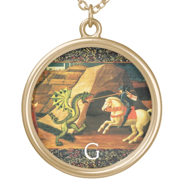 ST. GEORGE, DRAGON AND PRINCESS MONOGRAM GOLD PLATED NECKLACE (Front)