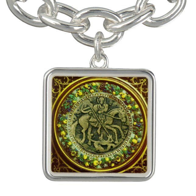 ST.GEORGE, DRAGON BRONZE MEDALLION  FLORAL CROWN CHARM BRACELET (Design)