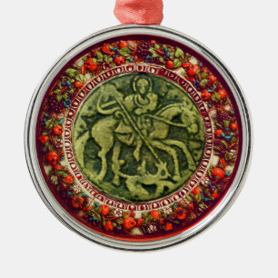ST.GEORGE, DRAGON BRONZE MEDALLION  FLORAL CROWN METAL ORNAMENT