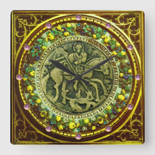 STGEORGE DRAGON BRONZE MEDALLION  FLORAL CROWN SQUARE WALL CLOCK