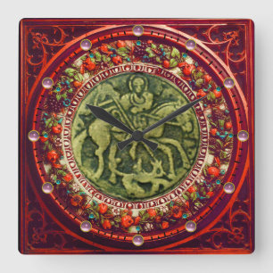 ST.GEORGE, DRAGON BRONZE MEDALLION FLORAL CROWN SQUARE WALL CLOCK