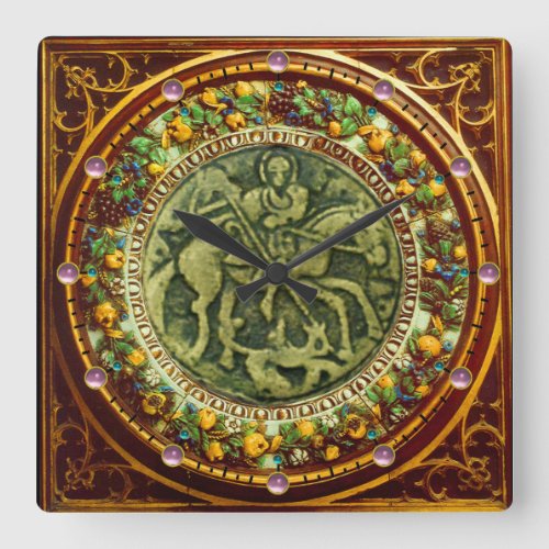 STGEORGE DRAGON BRONZE MEDALLION  FLORAL CROWN SQUARE WALL CLOCK