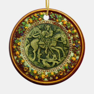ST.GEORGE, DRAGON /MADONNA AND CHILD FLORAL CROWN CERAMIC ORNAMENT