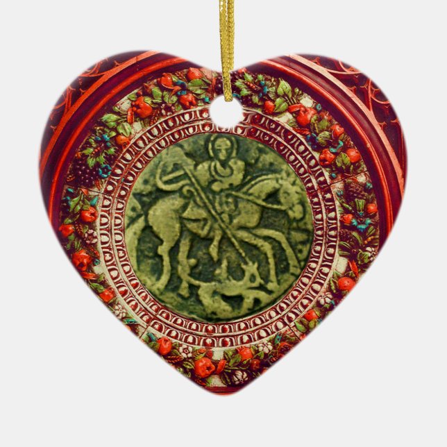 ST.GEORGE, DRAGON /MADONNA AND CHILD FLORAL HEART CERAMIC ORNAMENT (Front)