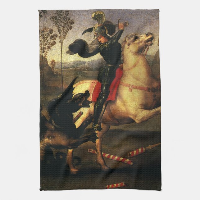 St. George Fighting the Dragon by Raphael Sanzio Kitchen Towel (Vertical)