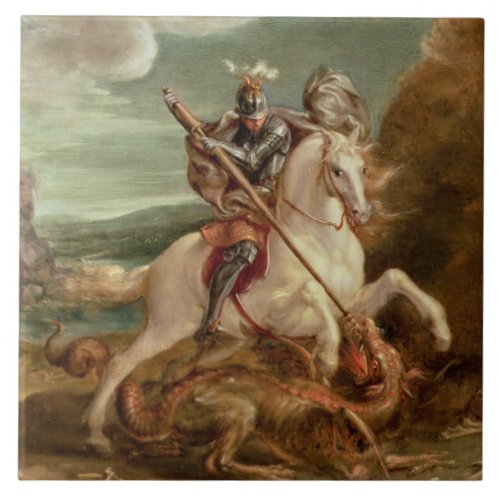 St George slaying the dragon oil on panel Ceramic Tile