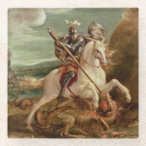 St George slaying the dragon oil on panel Glass Coaster