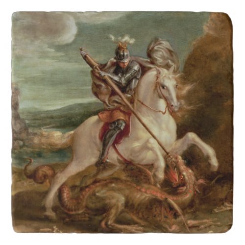 St George slaying the dragon oil on panel Trivet