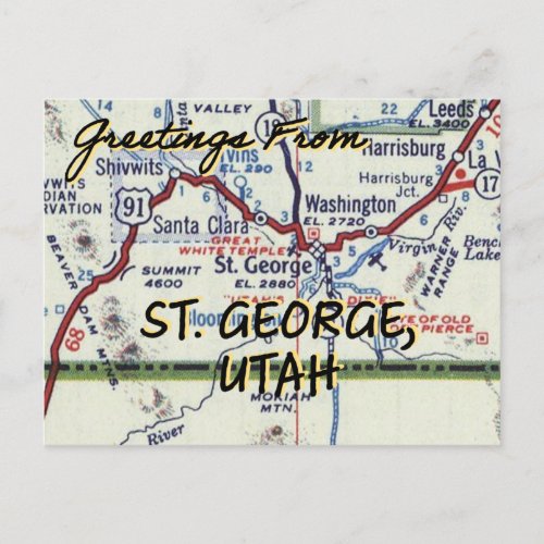 St George Utah Vintage Map Postcard
