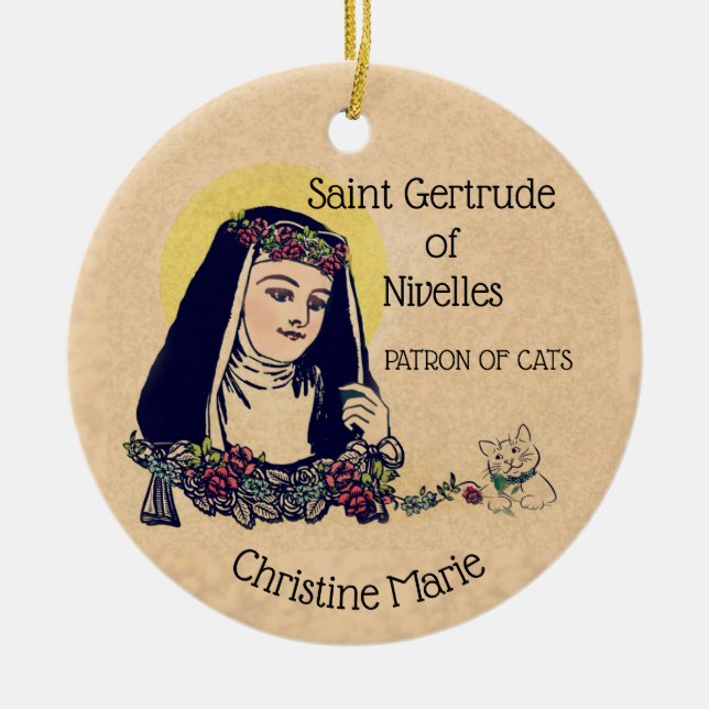 St. Gertrude of Nivelles Patron Saint of Cats Ceramic Ornament (Front)