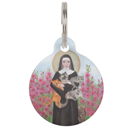 St Gertrude Patron of Cats Hollyhocks Watercolor Pet ID Tag