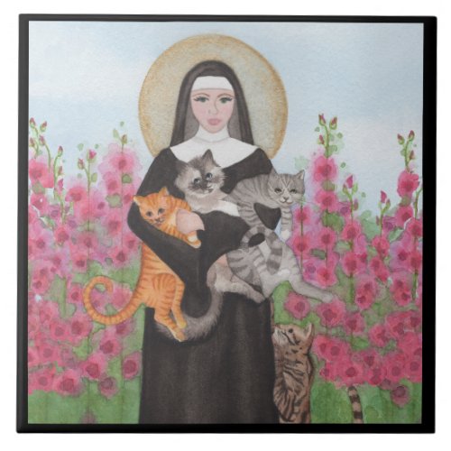 St Gertrude Patron of Cats Watercolor Border Ceramic Tile