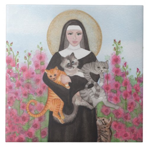 St Gertrude Patron of Cats Watercolor Ceramic Til Ceramic Tile
