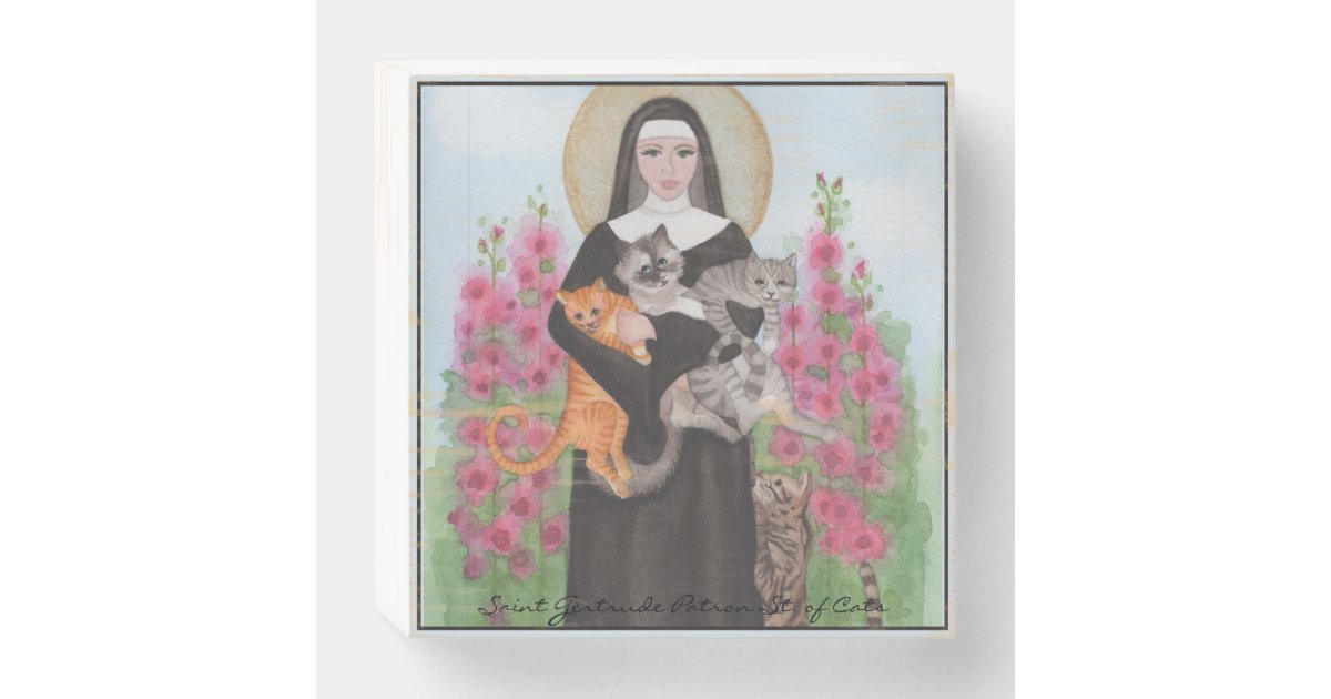 St Gertrude Patron Saint Of Cats Folk Art Wooden Box Sign Zazzle Com