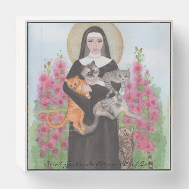 St Gertrude Patron Saint of Cats Folk Art Wooden Box Sign (Front Horizontal)