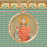 St. Henry II, Emperor (BBS 10) Round Gold Plated Necklace<br><div class="desc">In this image done in the Beuron style of Benedictine art, St. Henry II (972-1024), Holy Roman Emperor, wears Imperial regalia—a crown, an ermine-lined vermillion red cloak over a teal robe, and carries a scepter and orb symbolic of his temporal power. His crown, the Reichskrone, or Imperial Crown of the...</div>