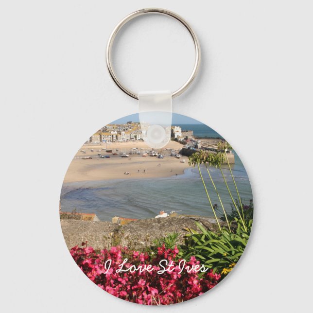 St Ives Harbor Pink Flowers Keychain (Front)