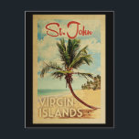 St John Palm Tree Vintage Travel Postcard<br><div class="desc">A uniquely retro mid-century modern St John Virgin Islands art print in vintage travel poster style. It features a curved palm tree on sandy beach with ocean under a blue cloudy sky.</div>