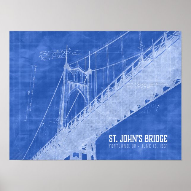 St. John's Bridge Architectural Blueprint Art Poster (Front)