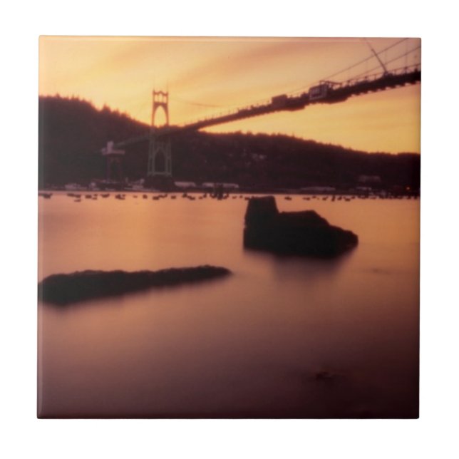 St Johns Bridge Sunset Ceramic Tile (Front)