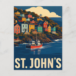 🐟 ST. JOHN'S — Colorful Coastal Hills & Fishing B Postcard